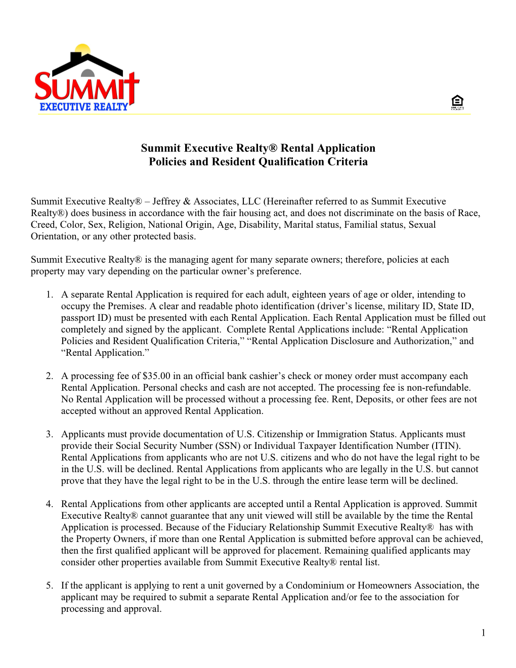 Summit Executive Realty Rental Application