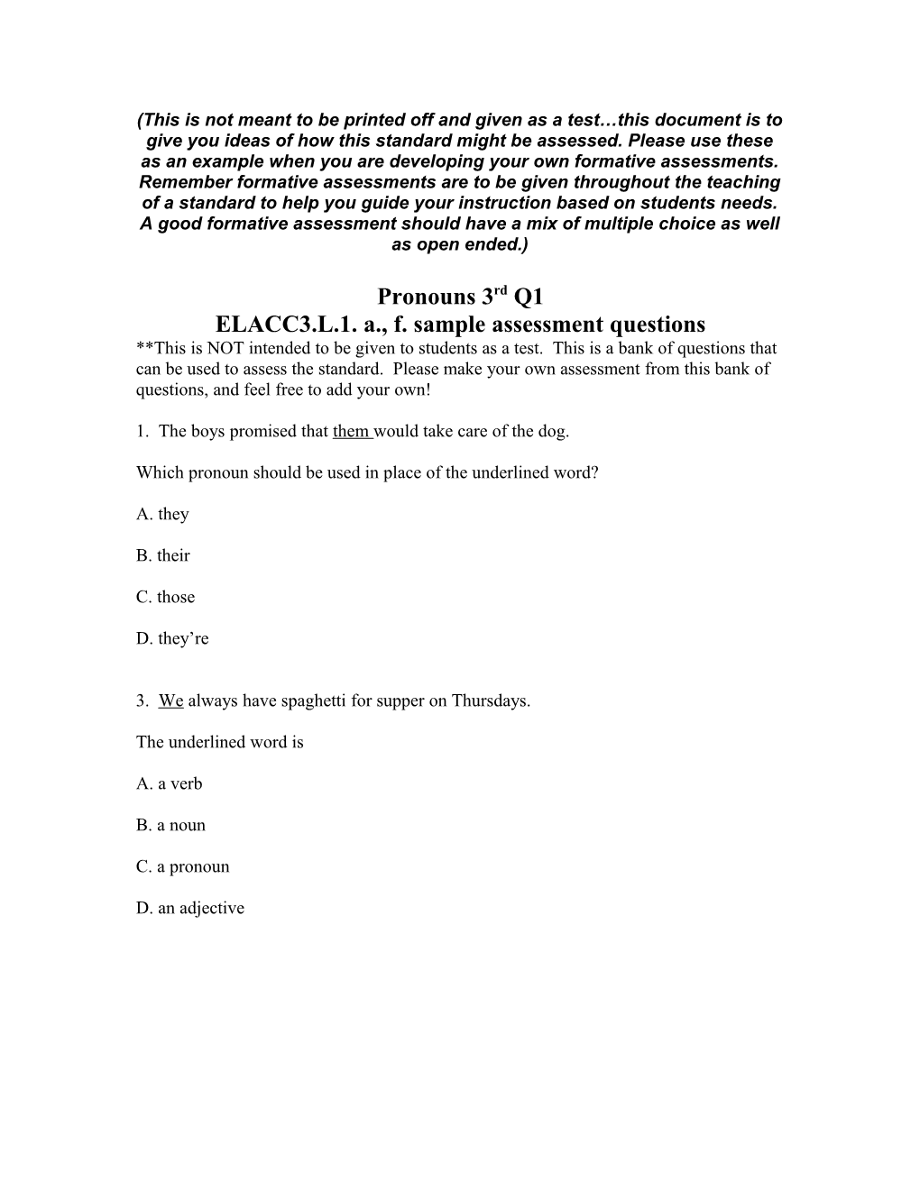 ELACC3.L.1. A., F. Sample Assessment Questions