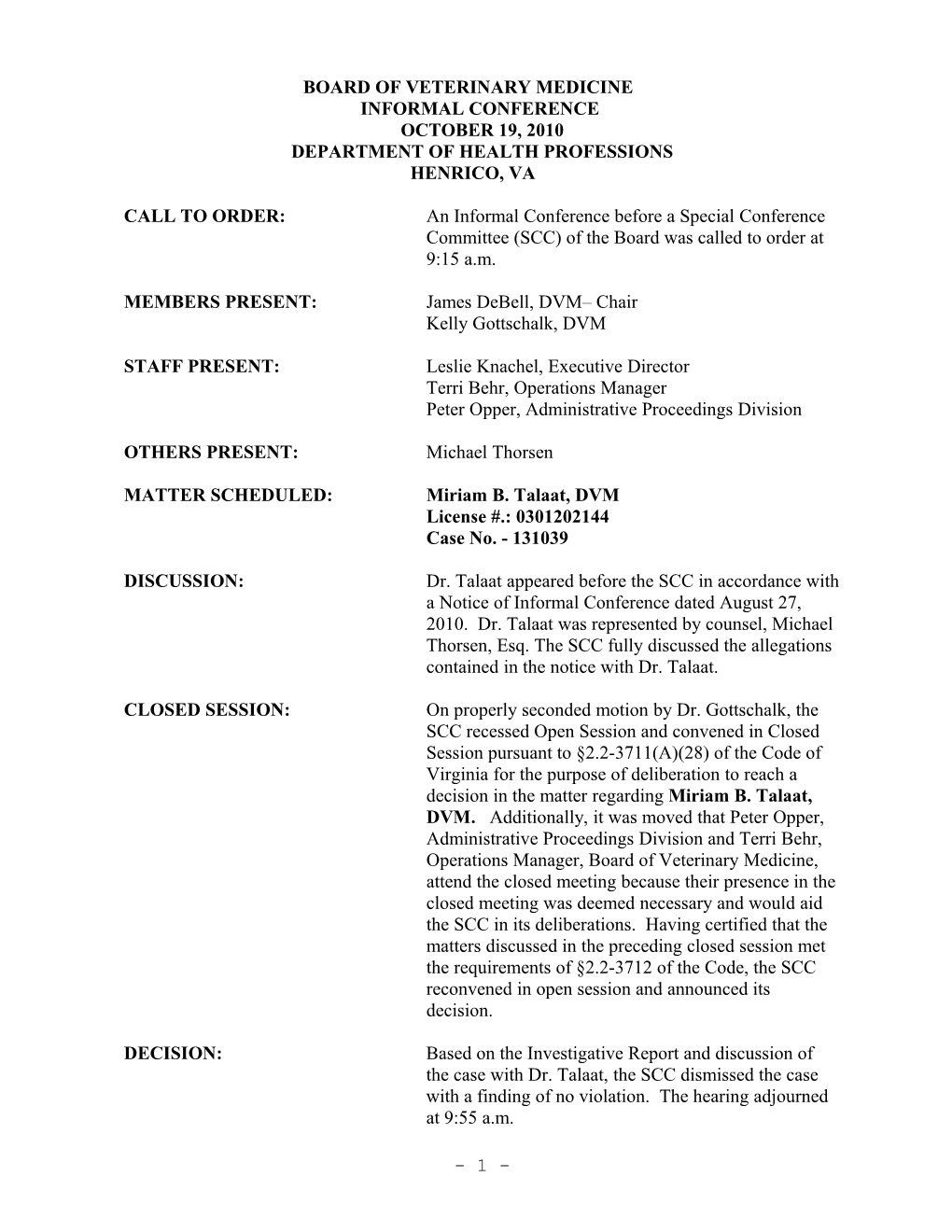 Board of Veterinary Medicine Minutes 10-19-2010