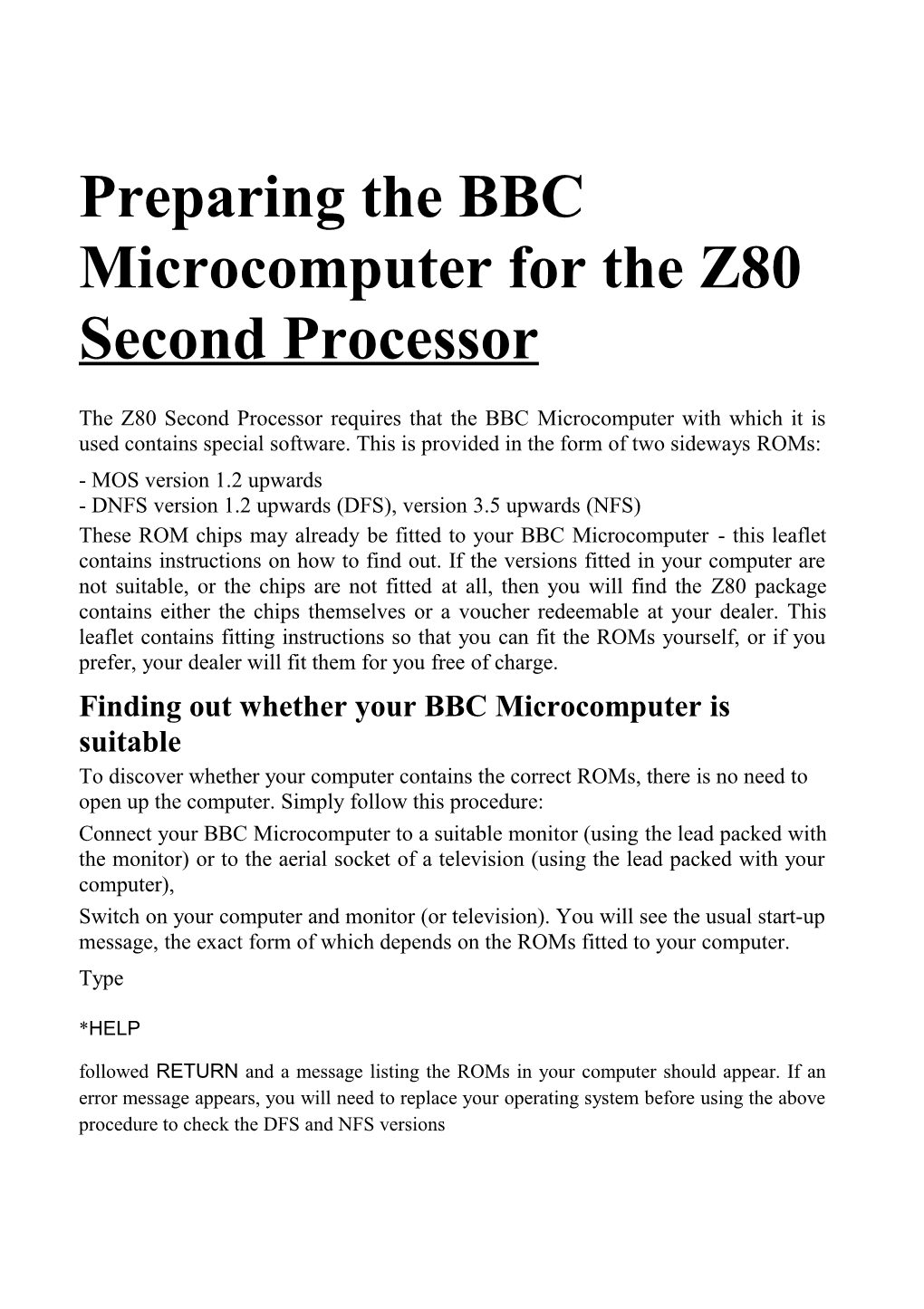 Preparing the BBC Microcomputer for the Z80 Second Processor