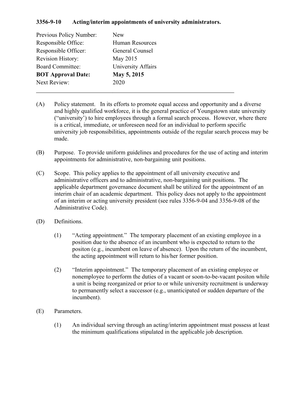 3356-9-10Acting/Interim Appointments of University Administrators