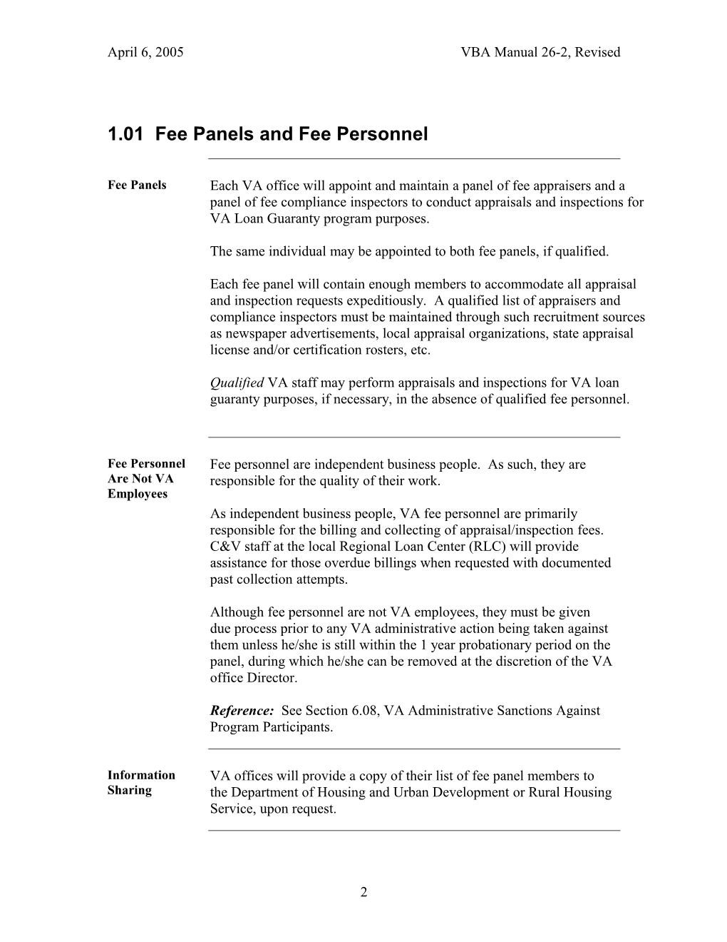 1.01 Fee Panels and Fee Personnel