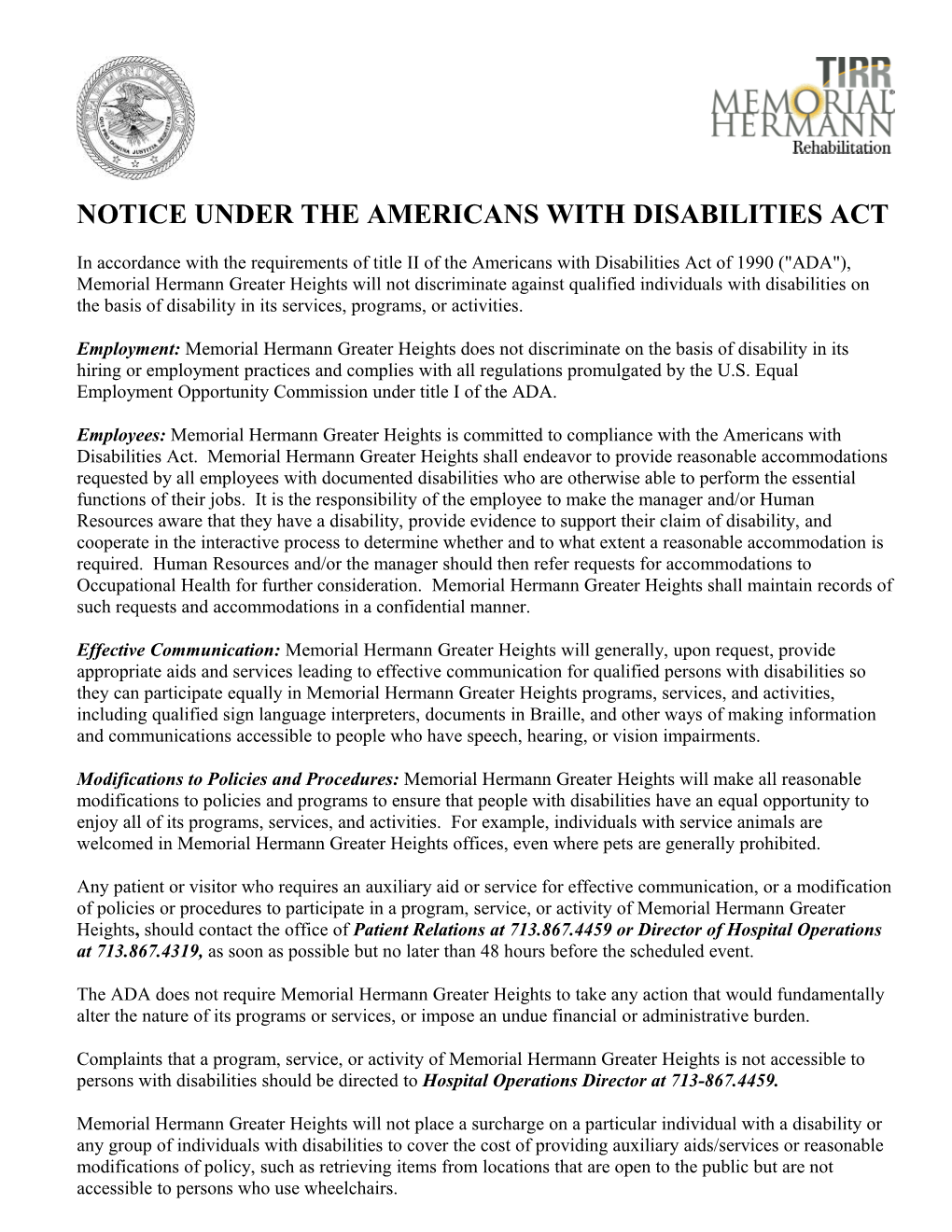 Notice Under the Americans Withdisabilities Act