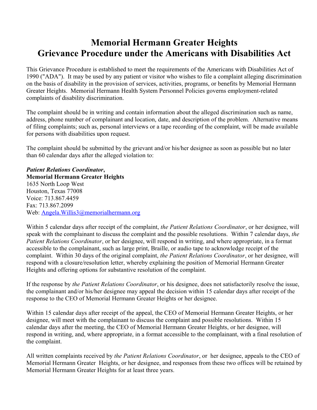 Notice Under the Americans Withdisabilities Act