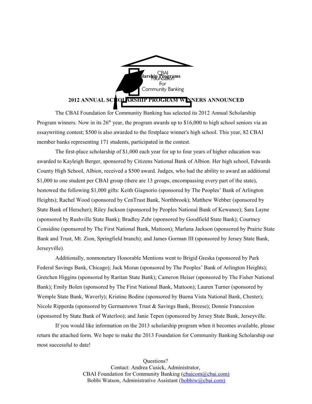 2012 Annual Scholarship Programwinners Announced