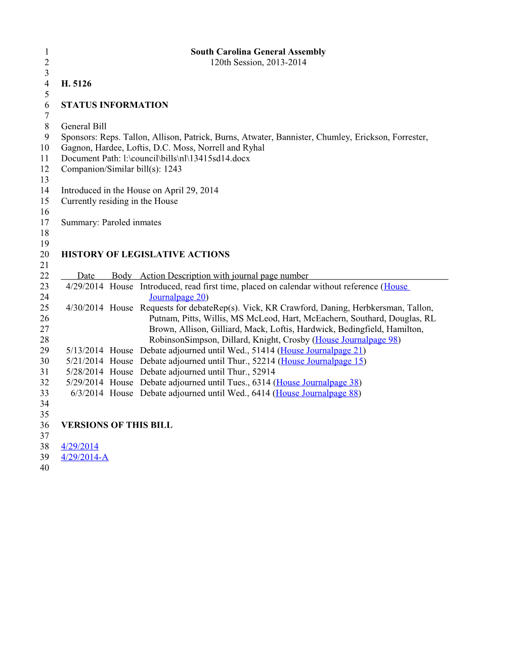 2013-2014 Bill 5126: Paroled Inmates - South Carolina Legislature Online