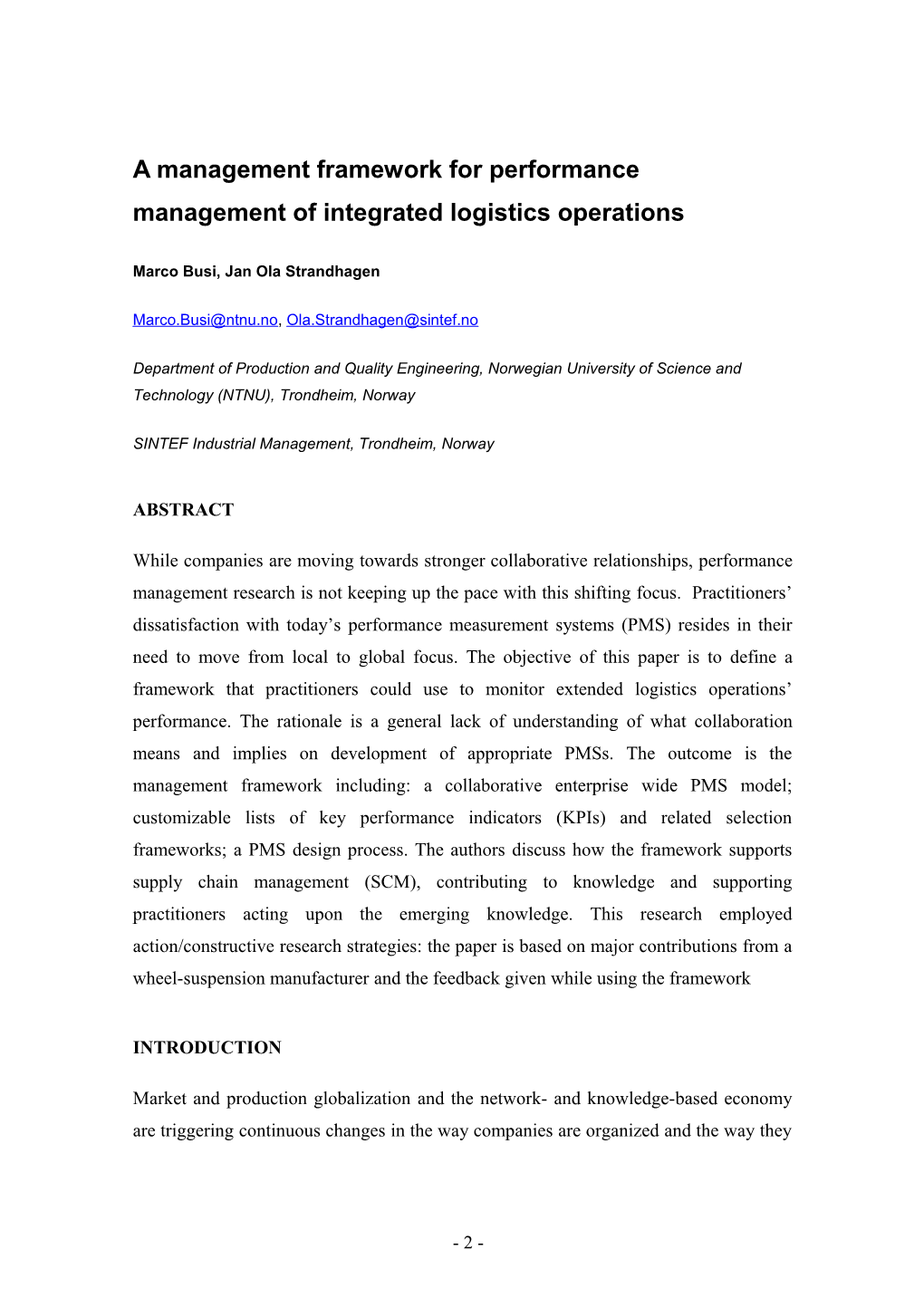 A Management Framework for Performance Management of Integrated Logistics Operations