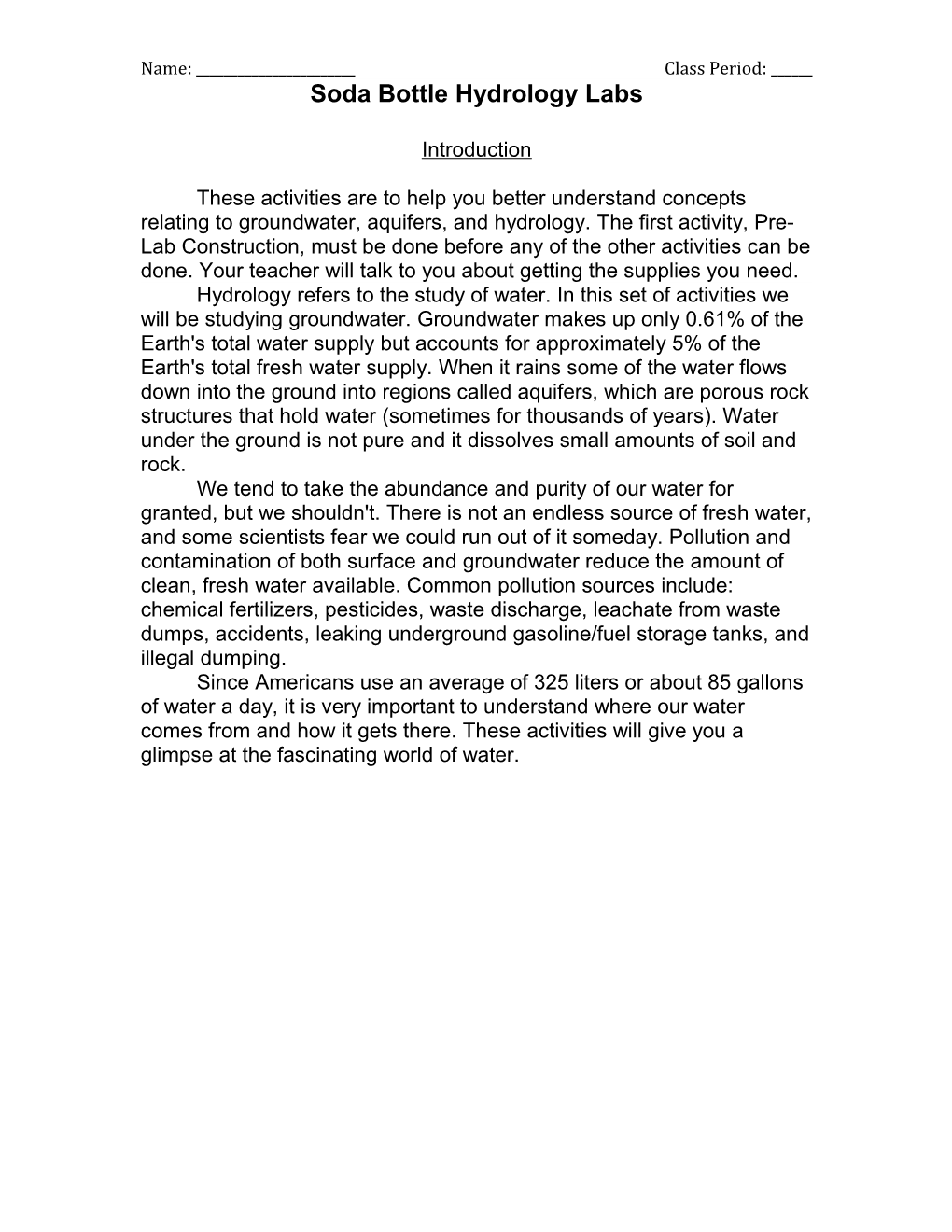 These Activities Are to Help You Better Understand Concepts Relating to Groundwater, Aquifers