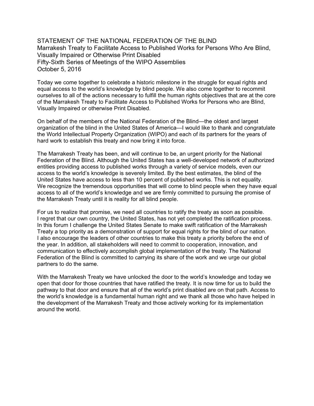 Marrakesh Assembly Statement - President of NFB, USA