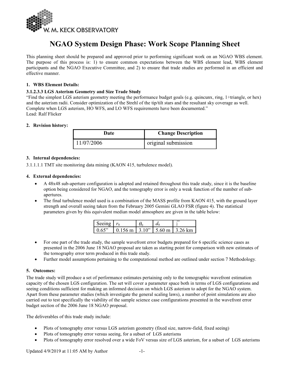 NGAO System Design Phase: Work Scope Planning Sheet