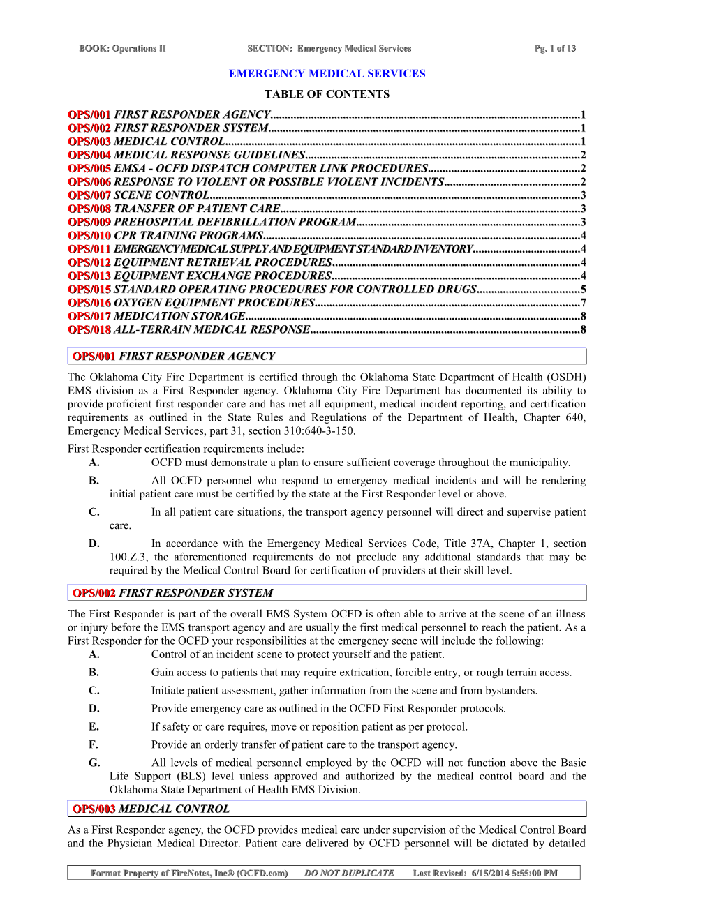 BOOK: Operations II SECTION: Emergency Medical Services Pg. 1 of 10