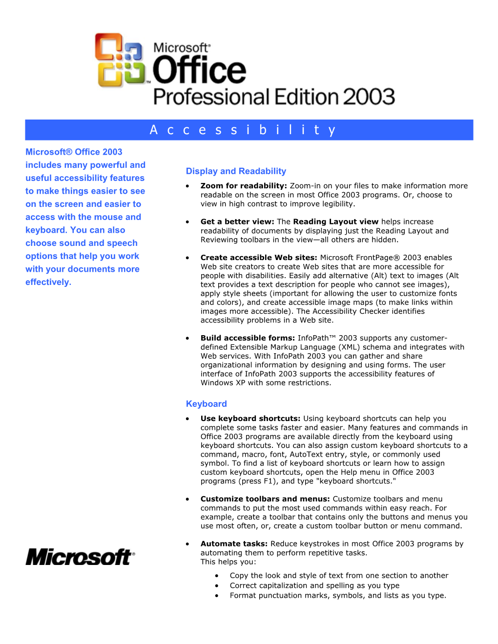 Office 2003 Accessibility Fact Sheet
