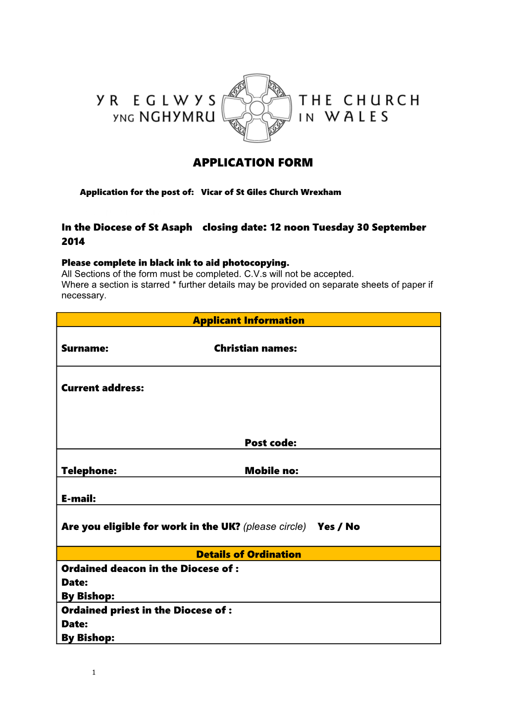 Application for the Post Of: Vicar of St Giles Church Wrexham
