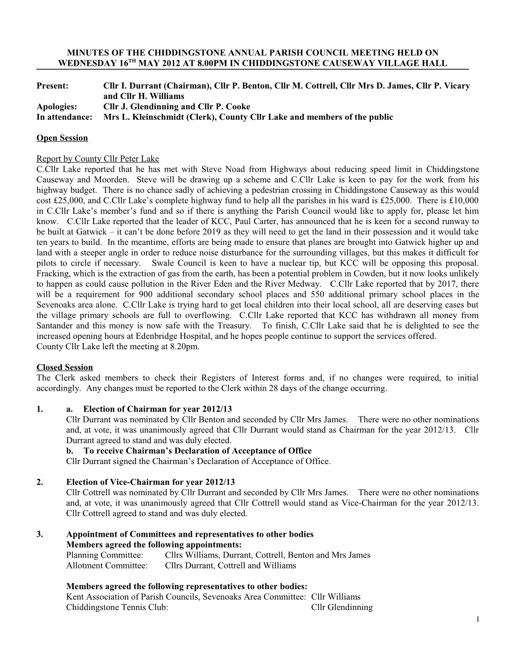 Minutes of the Chiddingstone Annual Parish Council Meeting Held On