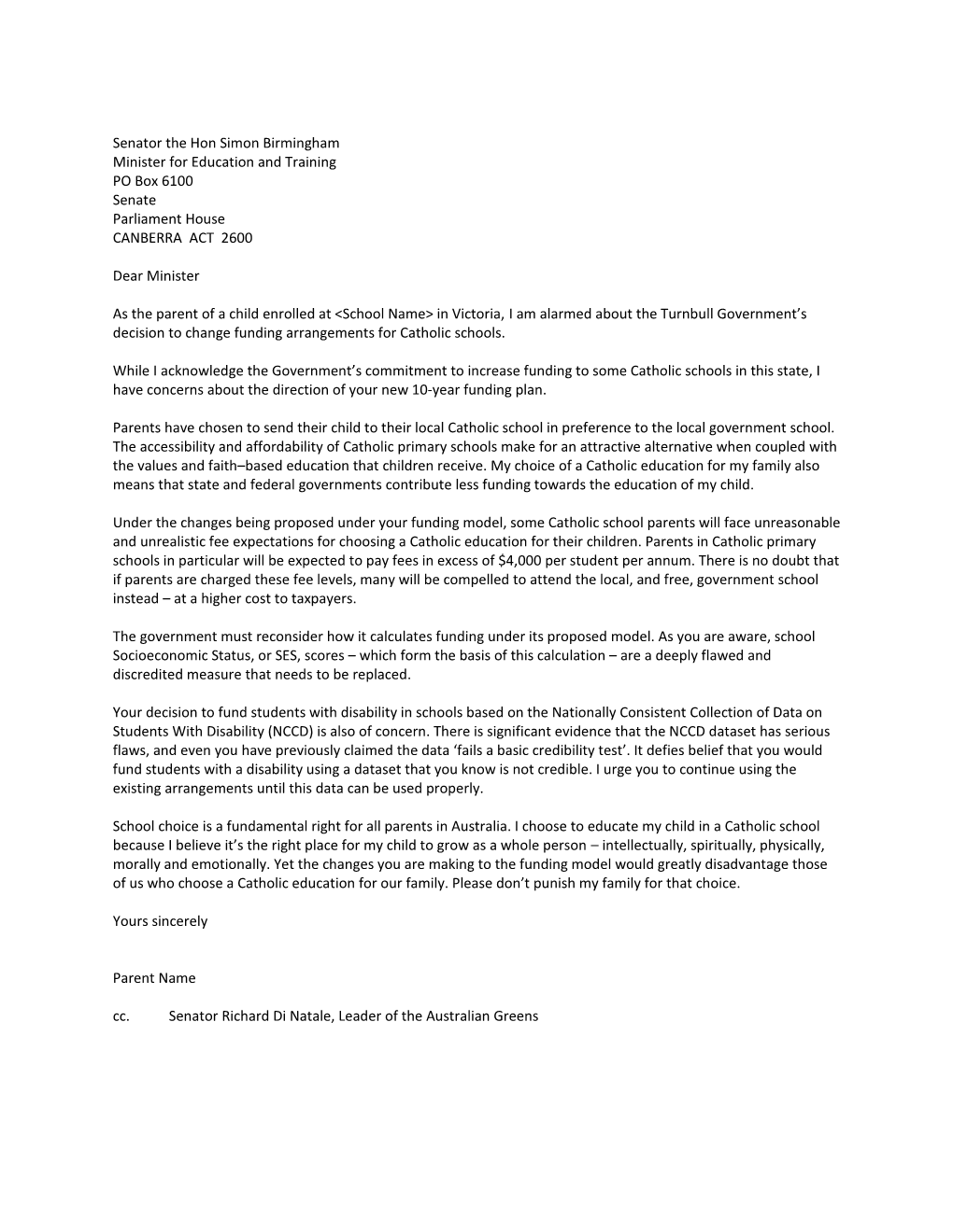 Parent Letter to Minister Birmingham