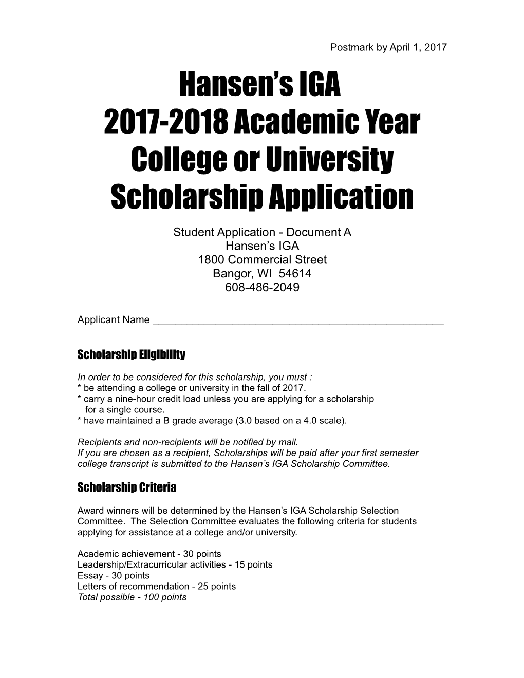 College Or University Scholarship Application