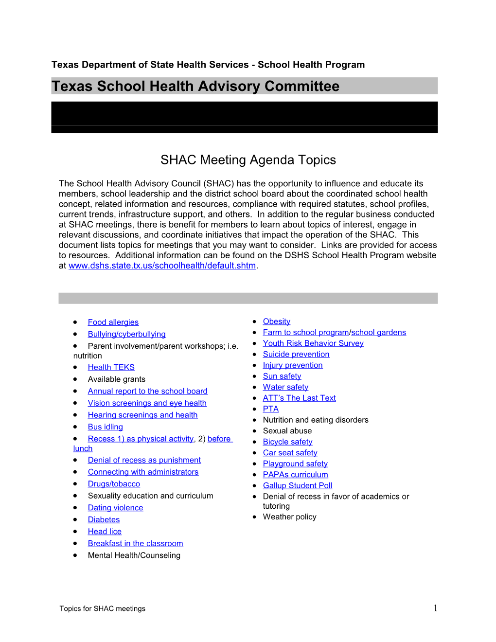 SHAC Meeting Agenda Topics