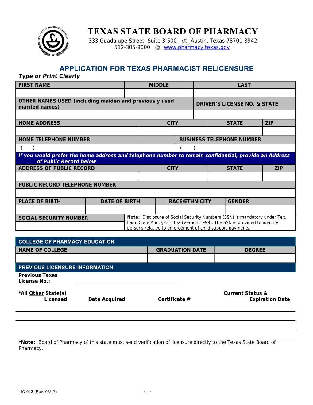 Application for Texas Pharmacist Relicensure