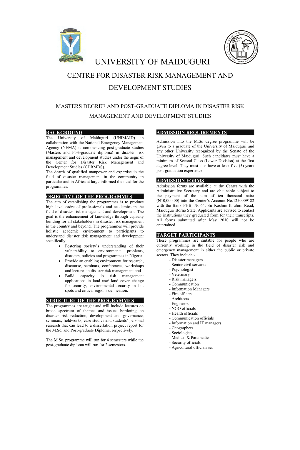 Centre for Disaster Risk Management and Development Studies