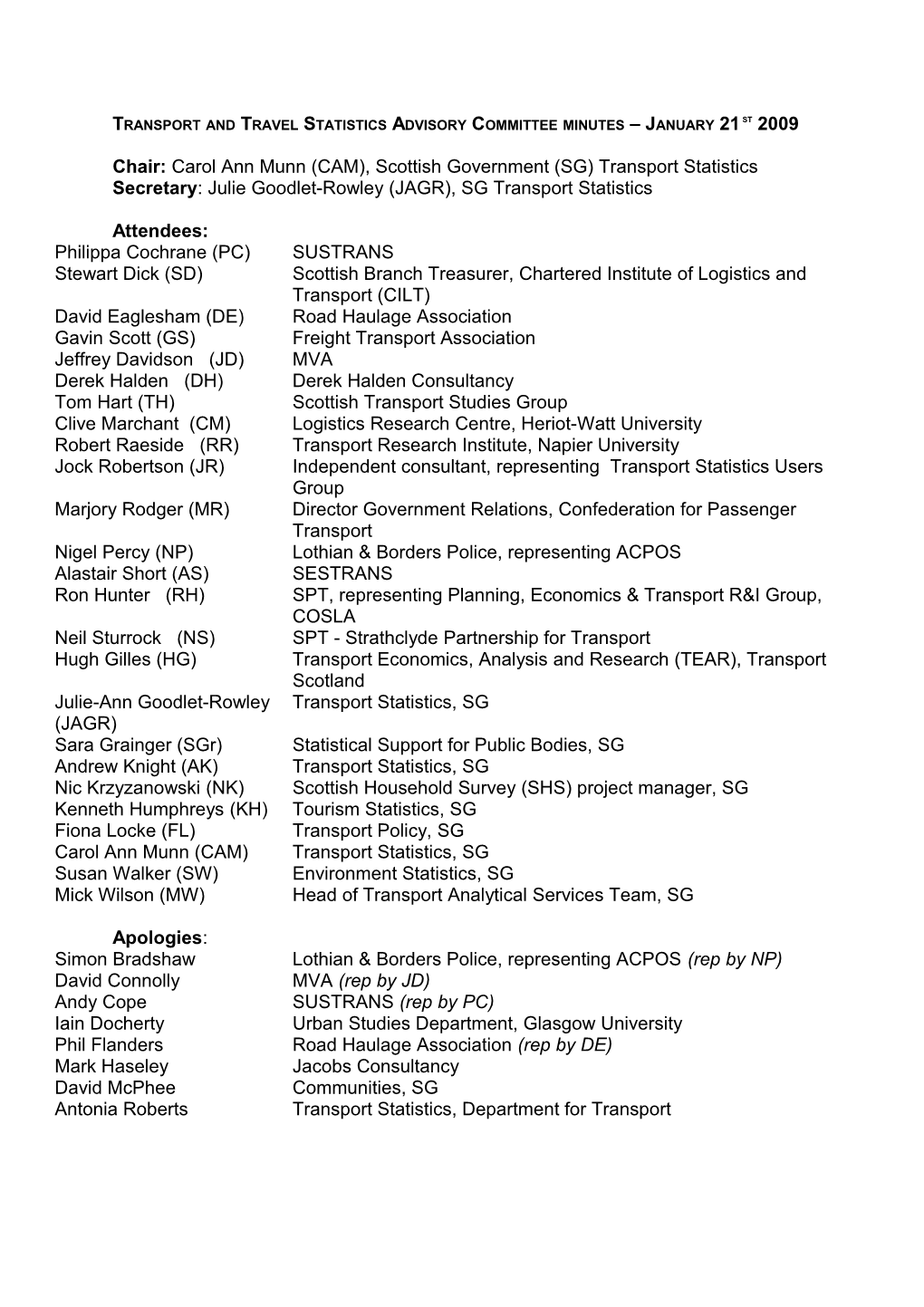 Transport and Travel Statistics Committee Minutes January 21St 2009