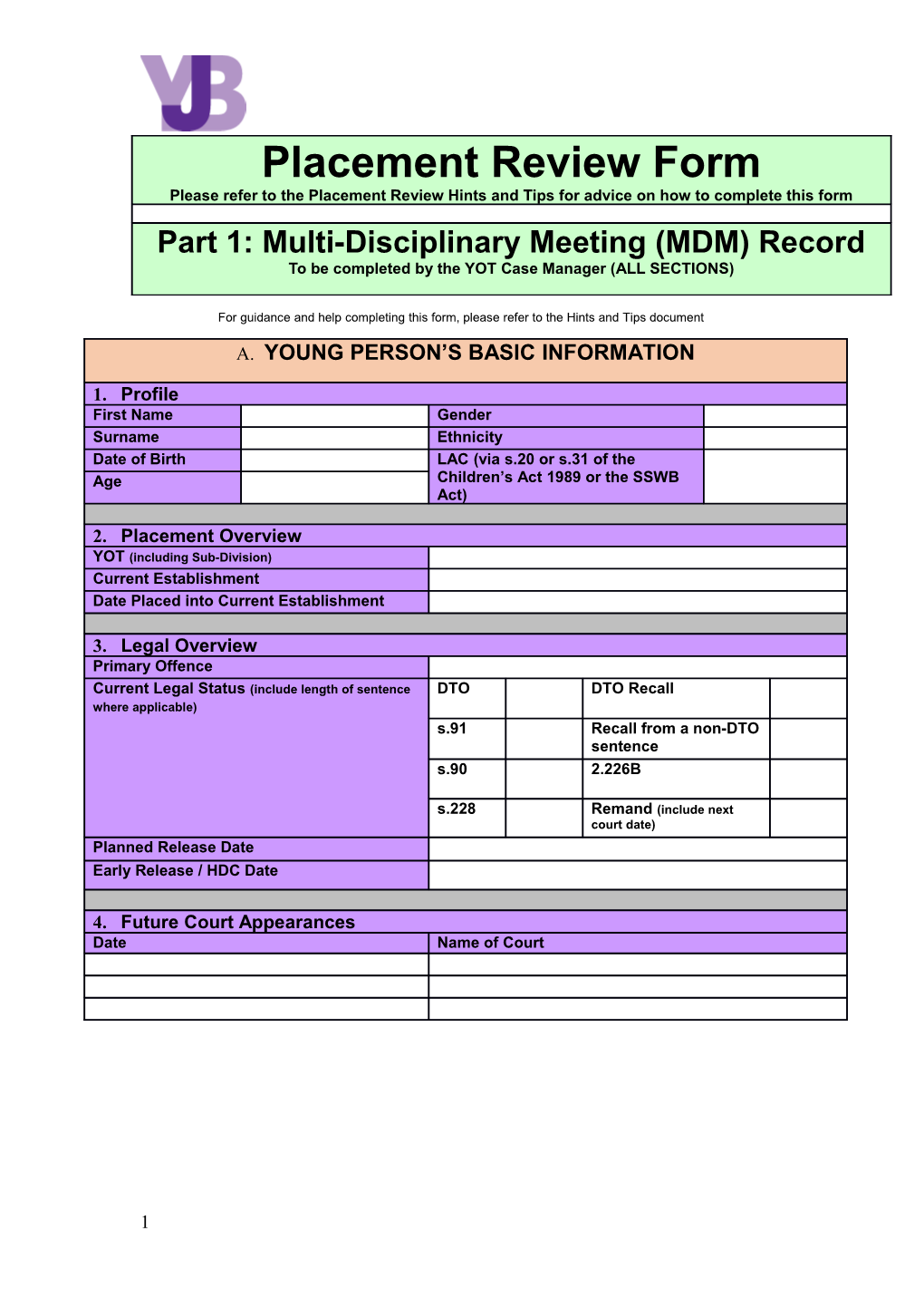 YJB MDM Record and Recommendation Form