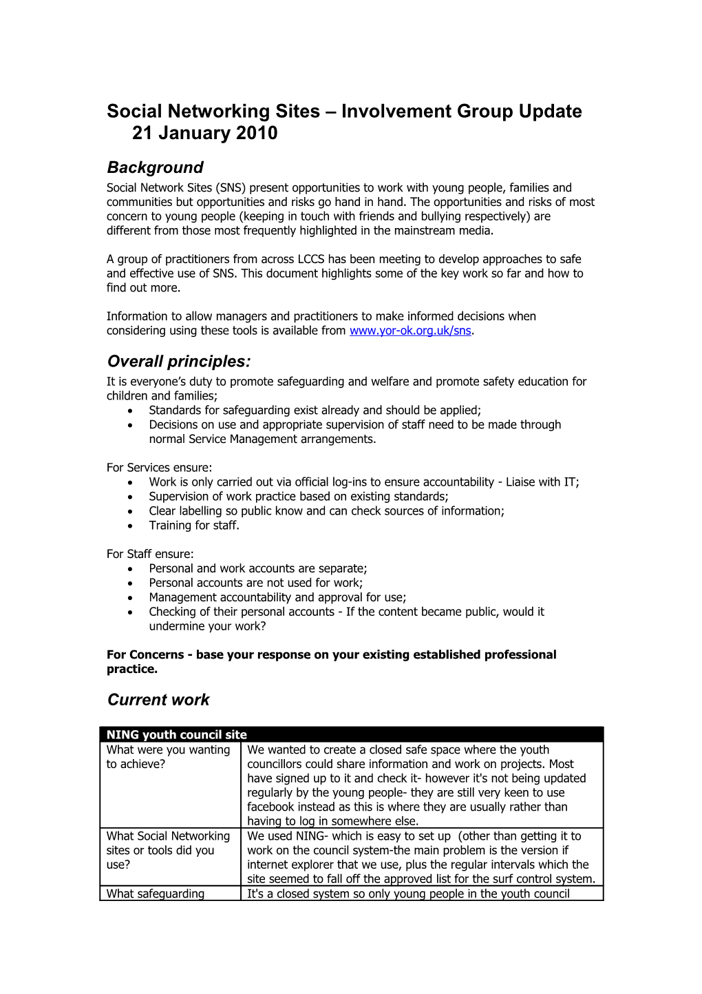 Social Networking Sites Involvement Group Update 21 January 2010