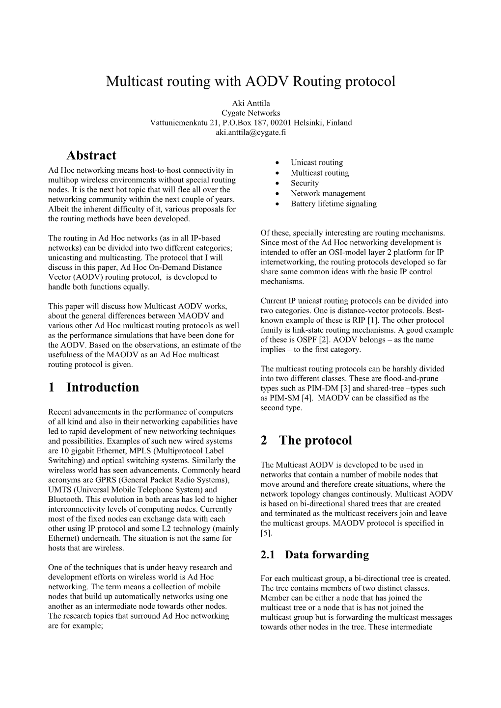 Multicast Routing with AODV Routing Protocol