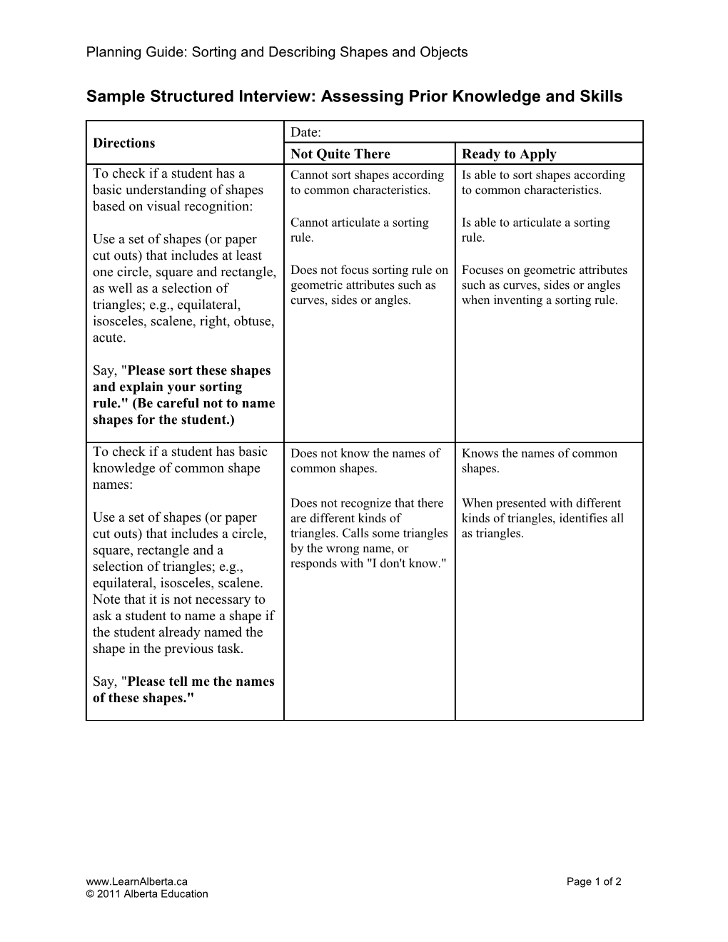 Sample Structured Interview: Assessing Prior Knowledge and Skills