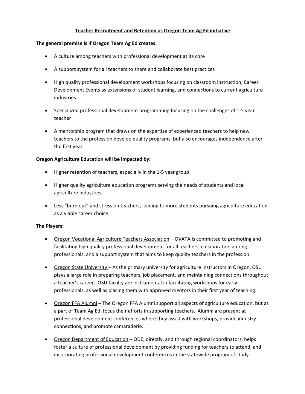 Teacher Recruitment and Retention As Oregon Team Ag Ed Initiative