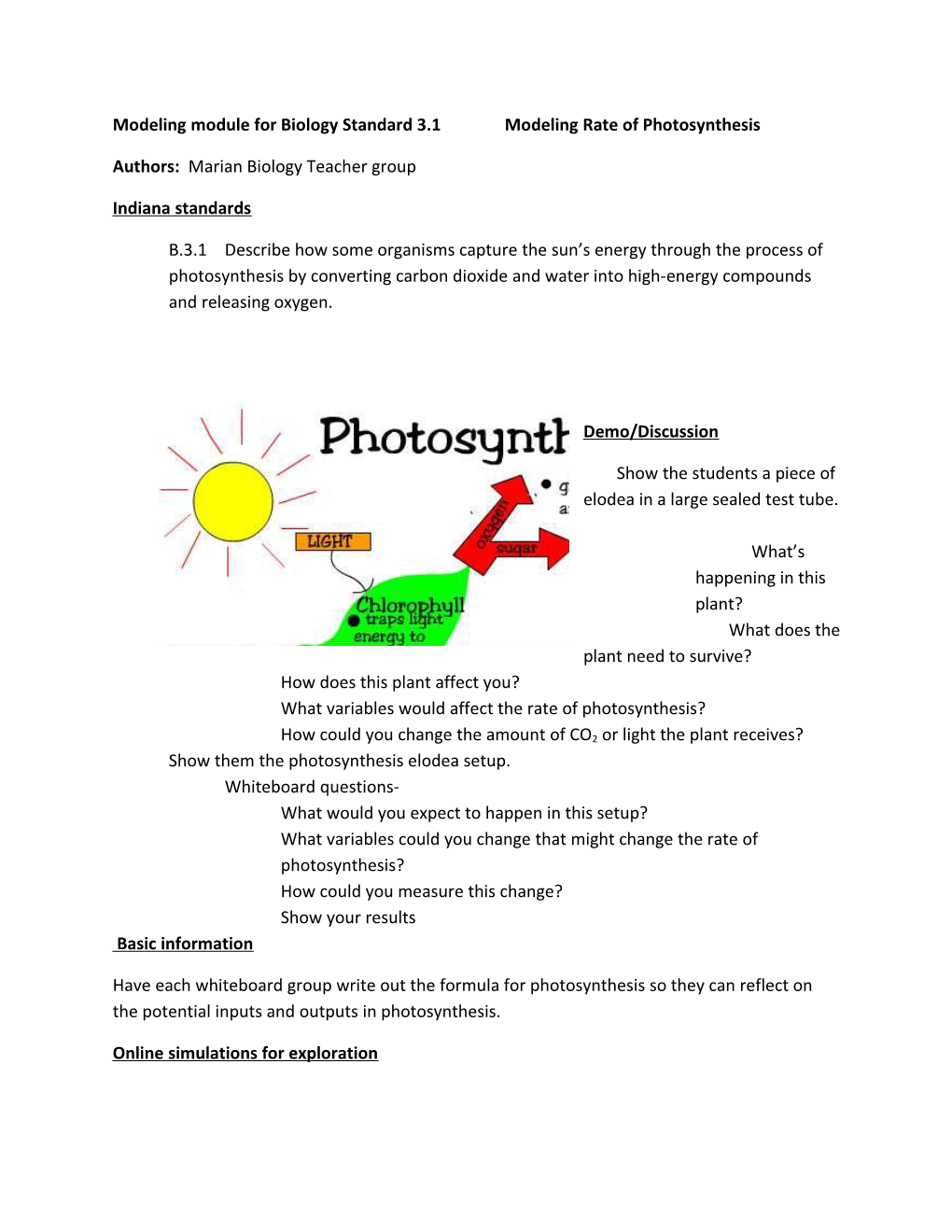 Modeling Module for Biology Standard 3.1Modeling Rate of Photosynthesis