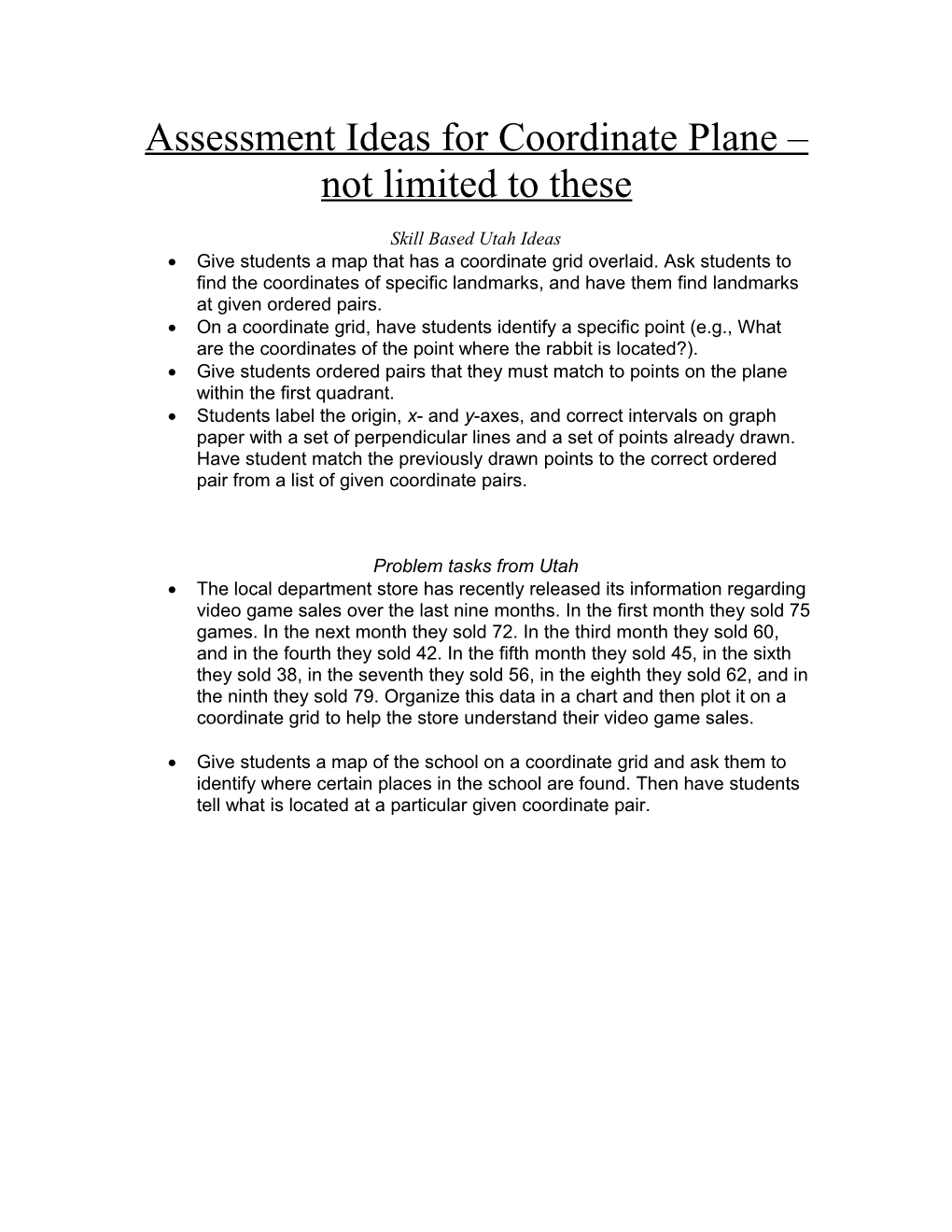 Assessment Ideas for Coordinate Plane Not Limited to These