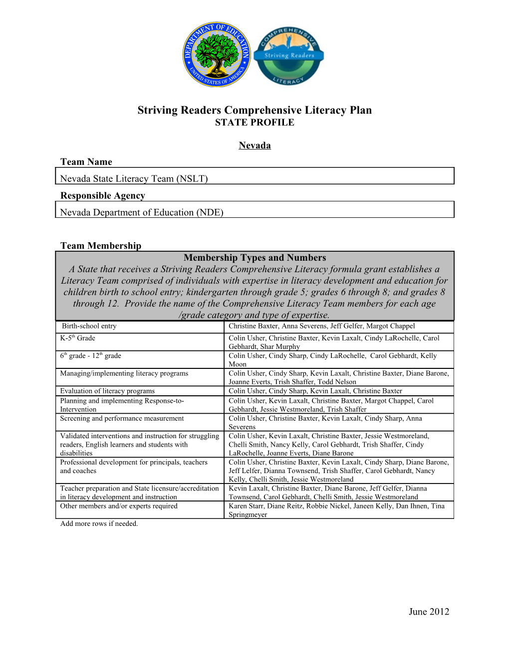 Nevada Striving Readers Comprehensive Literacy Plan State Profile (MS Word)