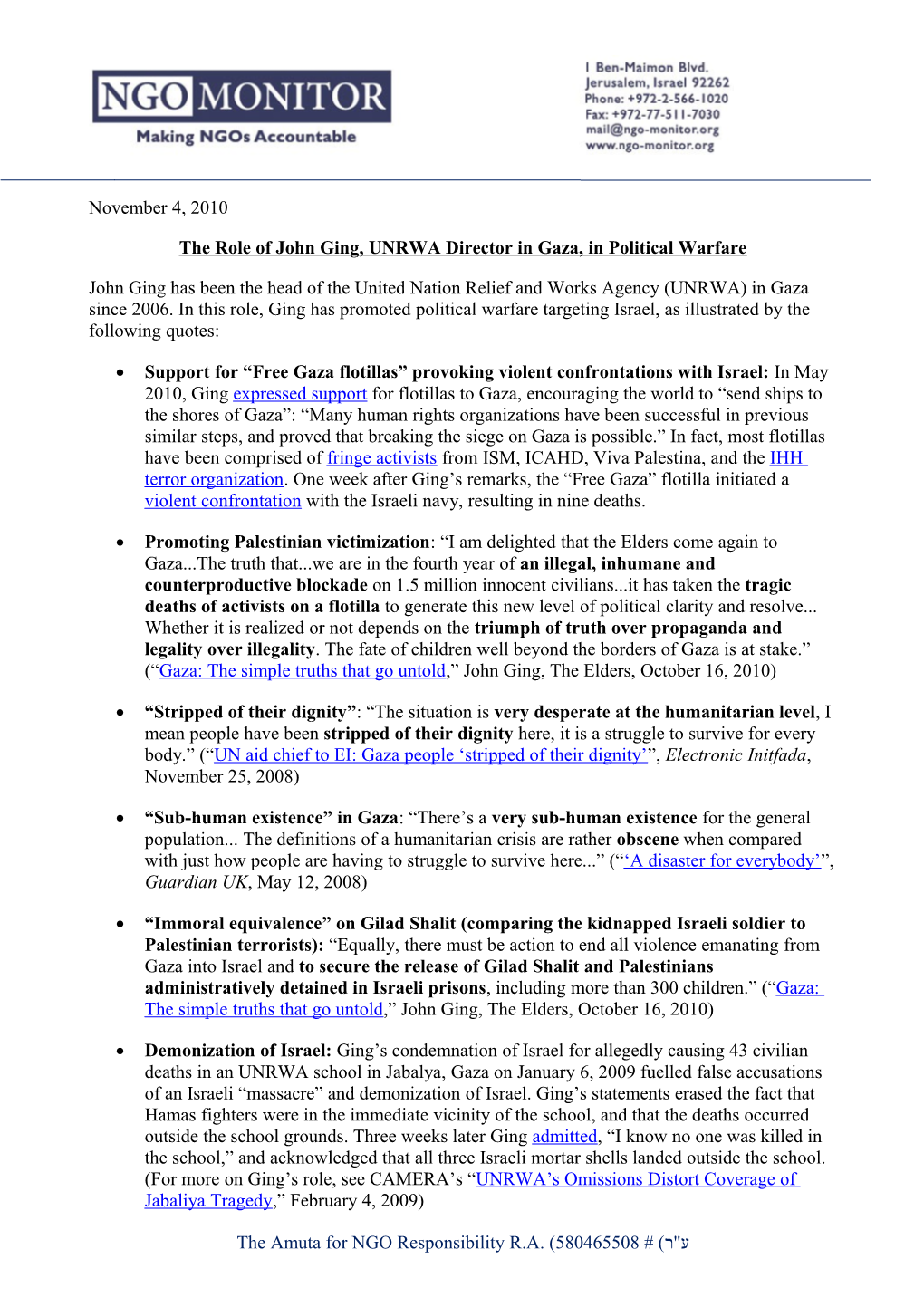 The Role of John Ging, UNRWA Director in Gaza, in Political Warfare