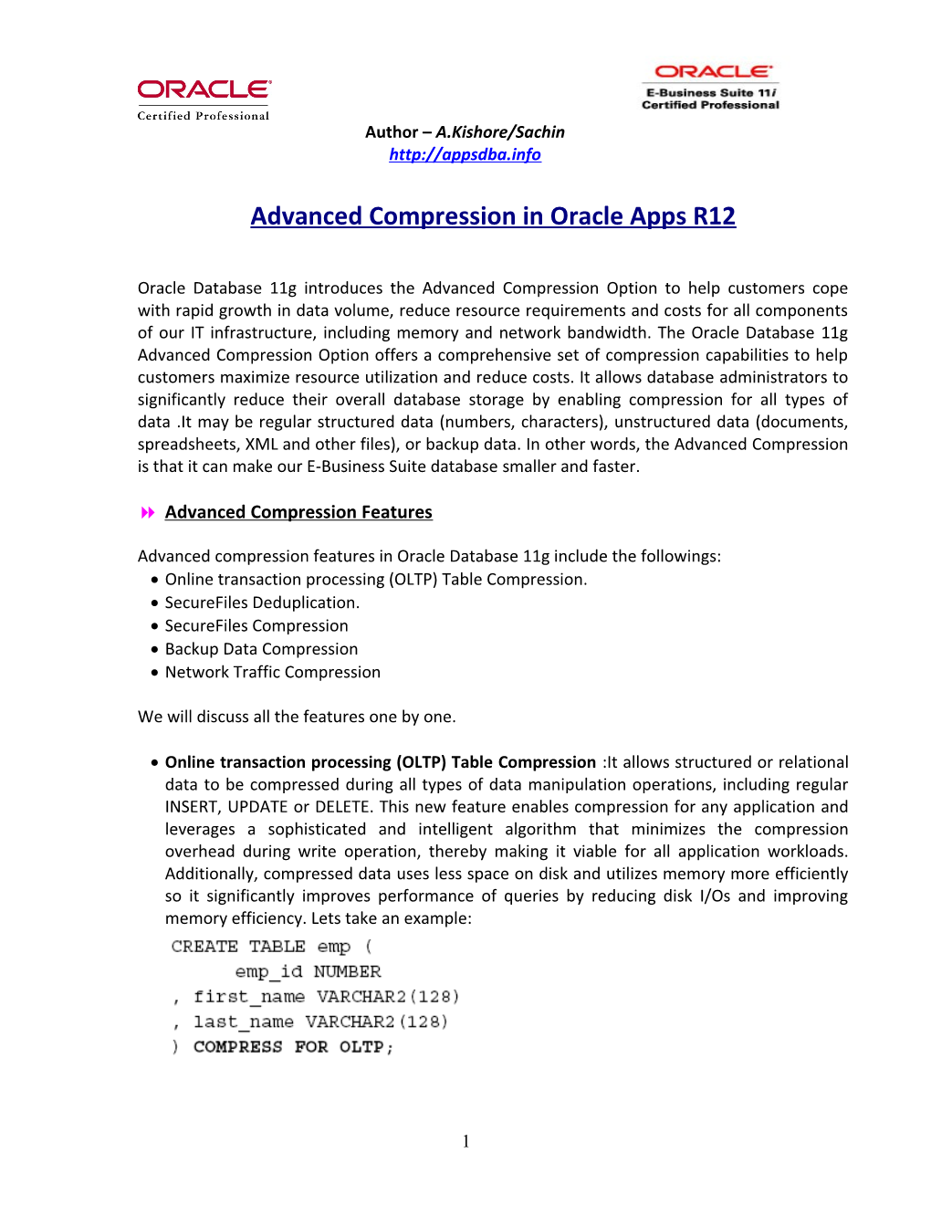 Advanced Compression in Oracle Apps R12
