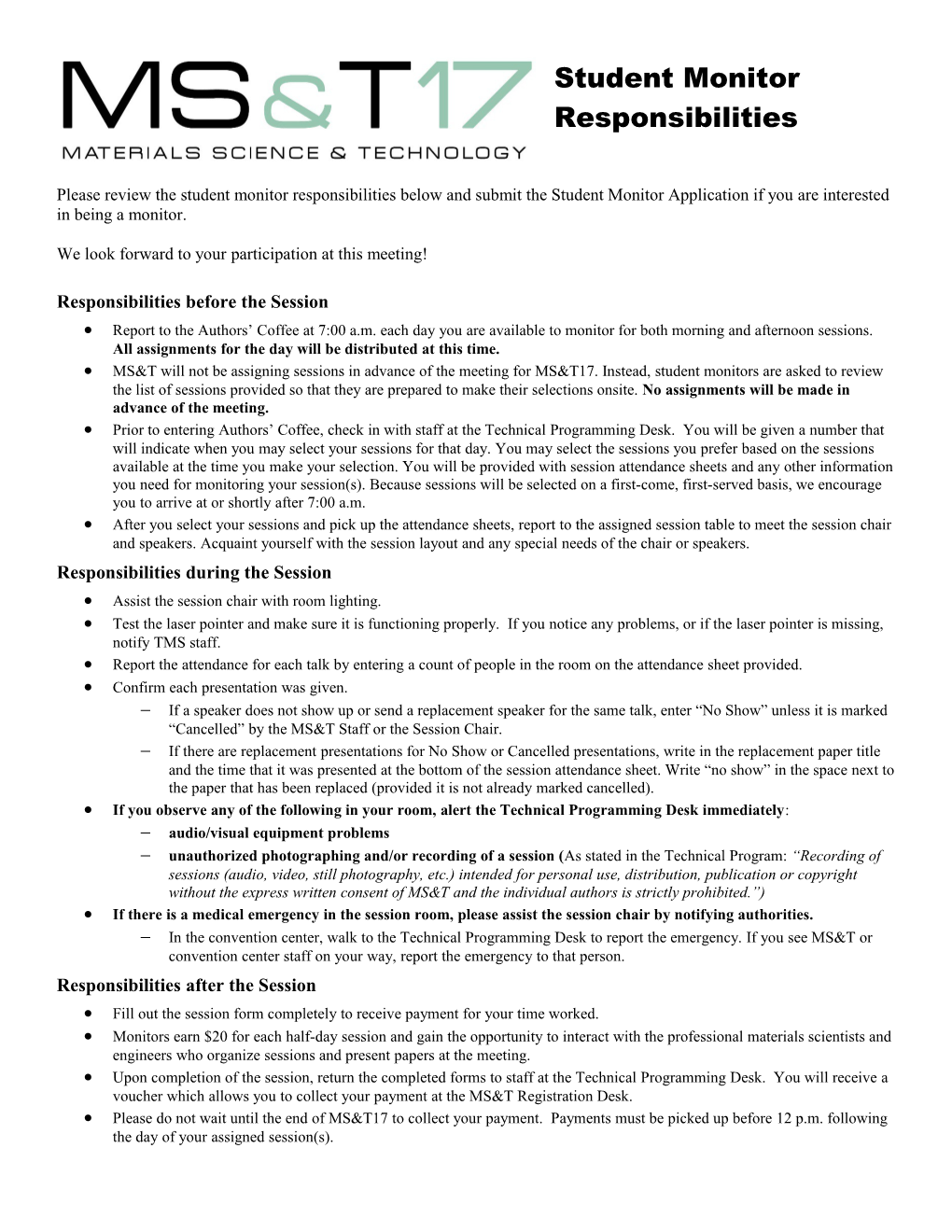 Session Monitor Responsibilities