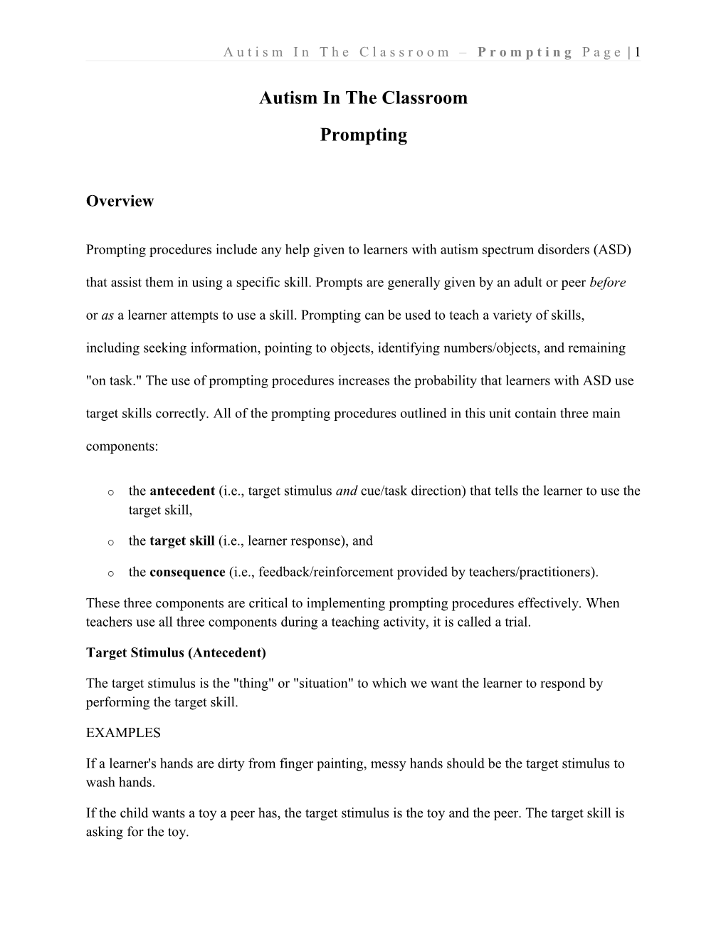 Autism in the Classroom Prompting Page 1