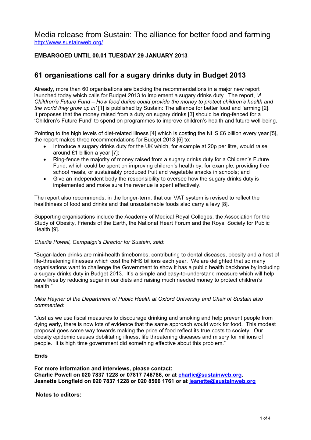 Media Release from the Children S Food Campaign