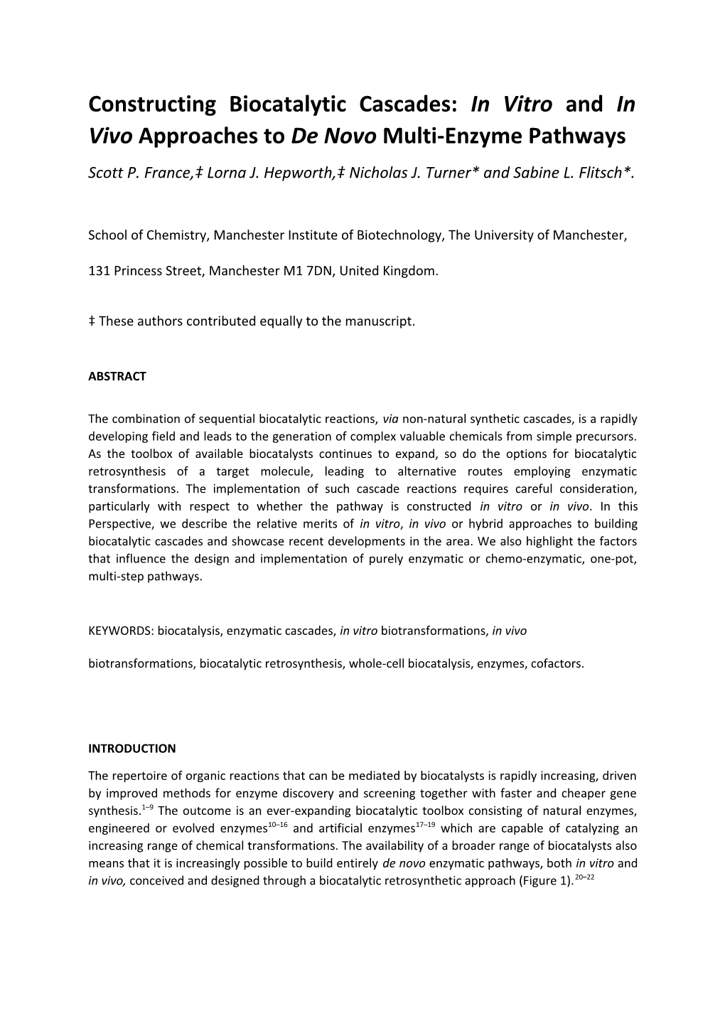 Constructing Biocatalytic Cascades:In Vitro Andin Vivo Approaches to De Novo Multi-Enzyme