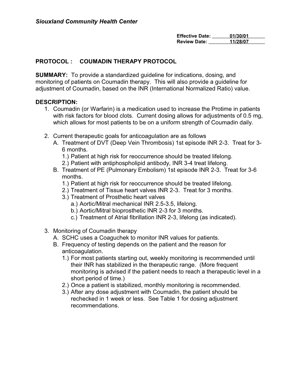 Protocol :Coumadin Therapy Protocol