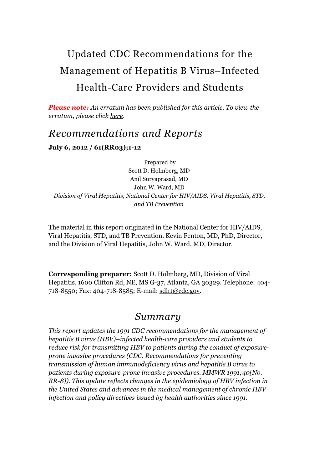 Updated CDC Recommendations for the Management of Hepatitis B Virus Infected Health-Care