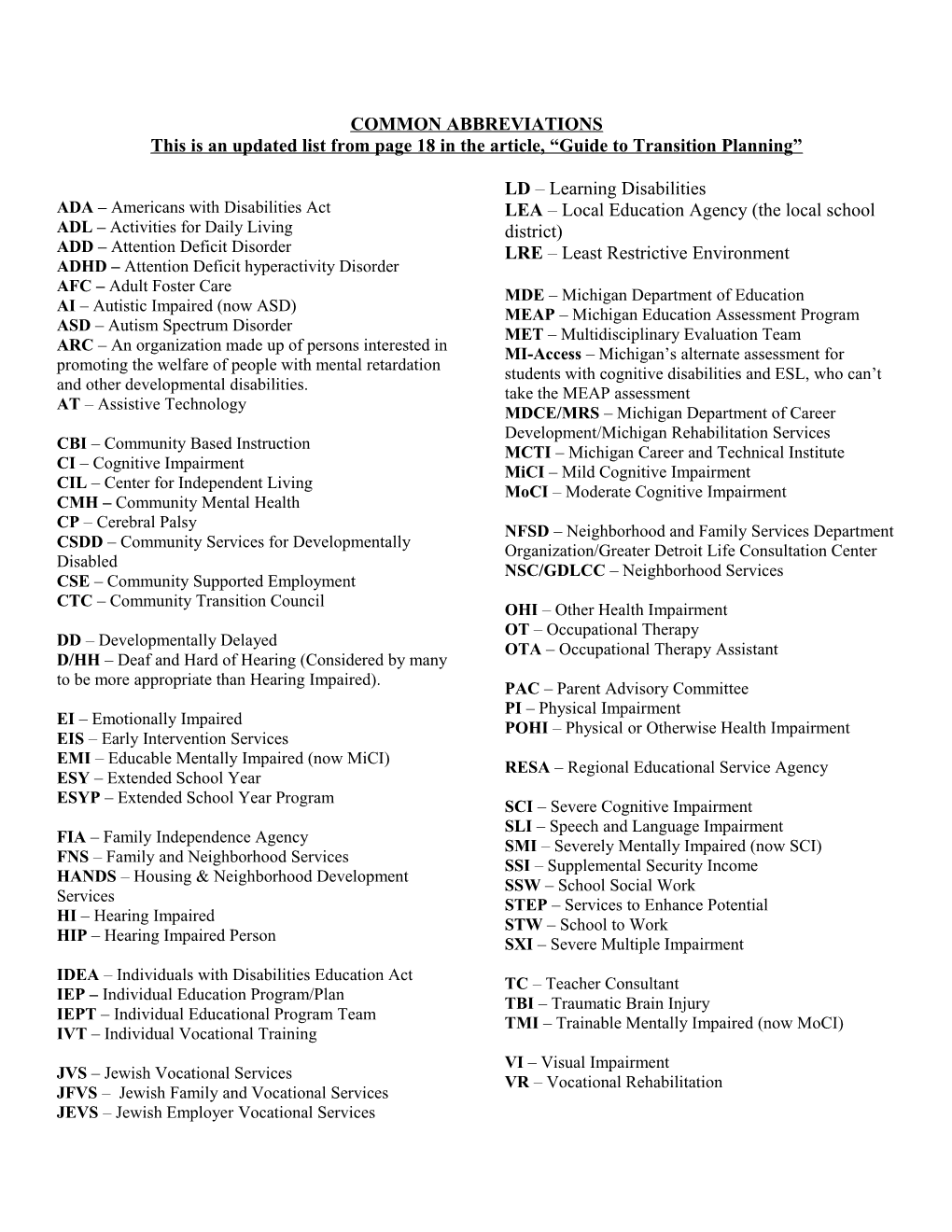 This Is an Updated List from Page 18 in the Article, Guide to Transition Planning