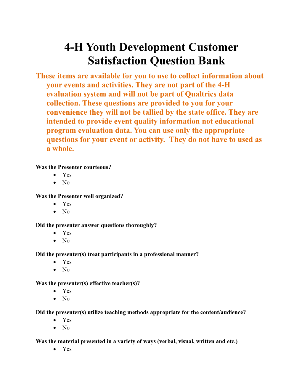 4-H Youth Development Customer Satisfaction Question Bank