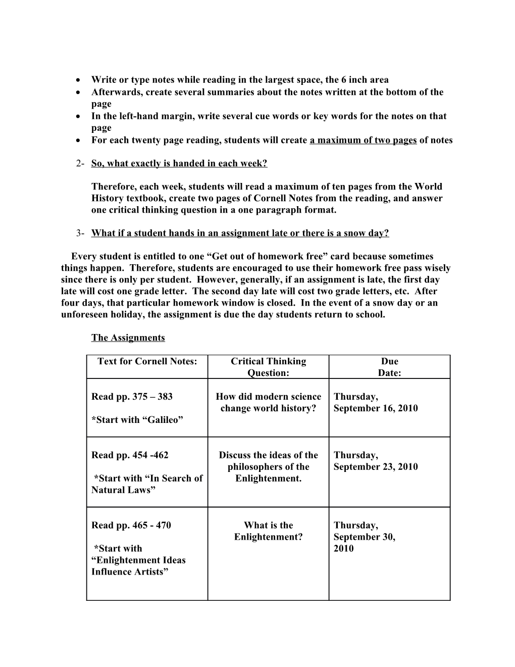 Homework Syllabus for the 2010-2011 School Year