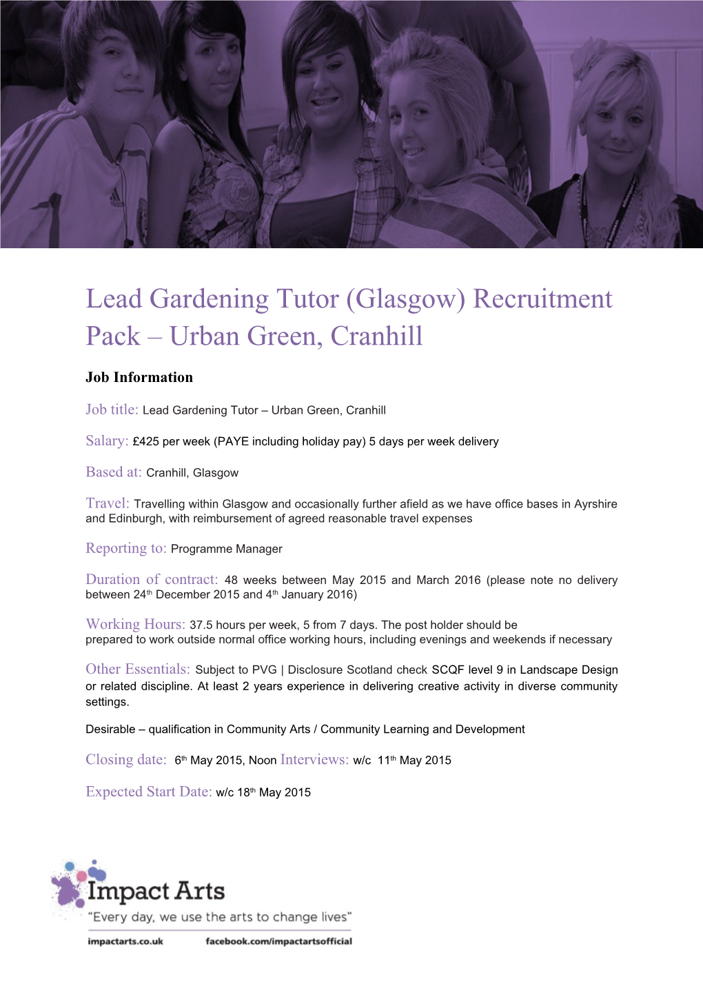 Lead Gardening Tutor (Glasgow) Recruitment Pack Urban Green, Cranhill