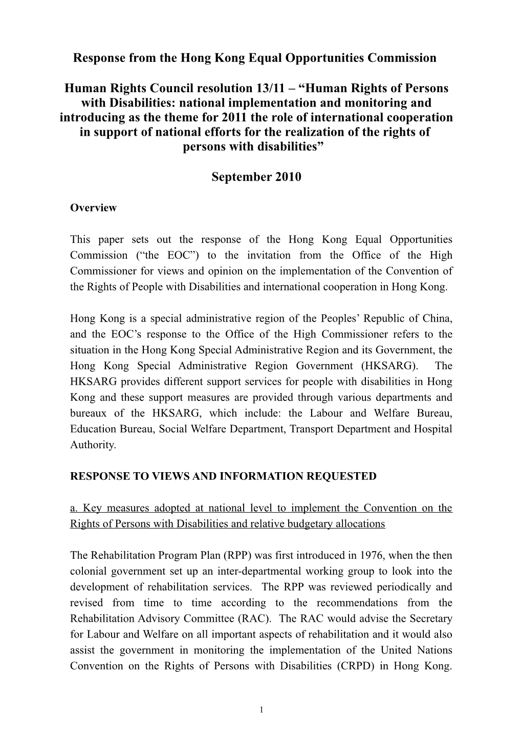 Response from the Hong Kong Equal Opportunities Commission