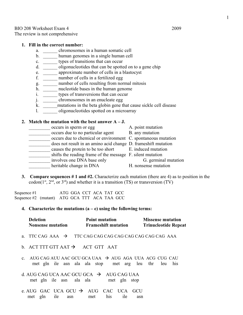 BIO 208 Worksheet for Exam 4