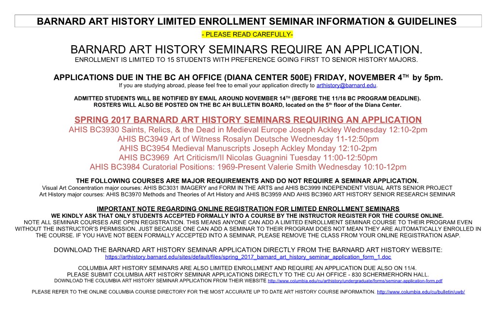 Barnard Art History Limited Enrollment Seminar Information & Guidelines