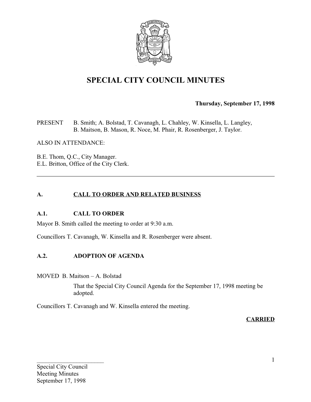 Minutes for City Council September 17, 1998 Meeting