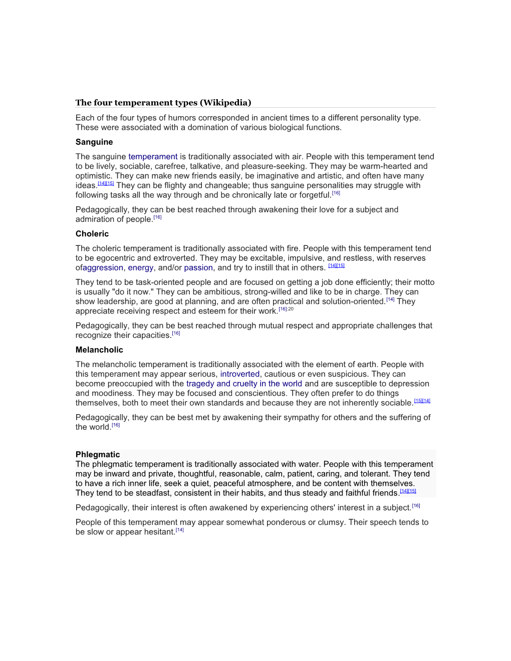 The Four Temperament Types (Wikipedia)