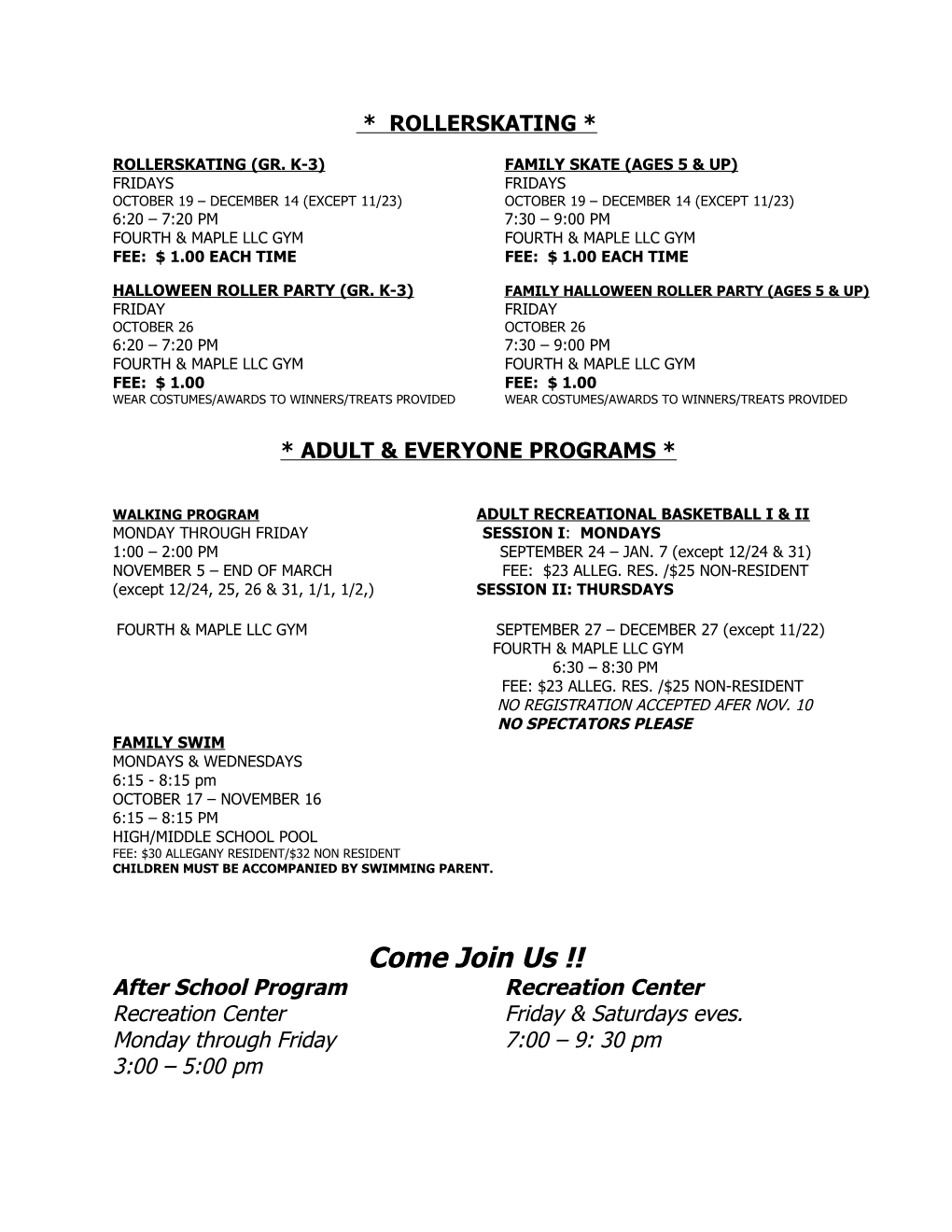 Allegany Recreation & Parks Fall 2000 Programs